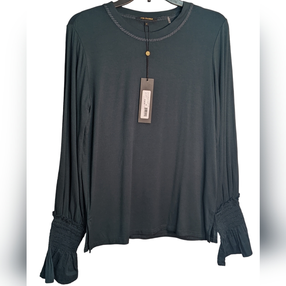 KOBI HALPERIN ALIX WOMENS SMOCKED RUFFLE SLEEVE T-SHIRT M NWT